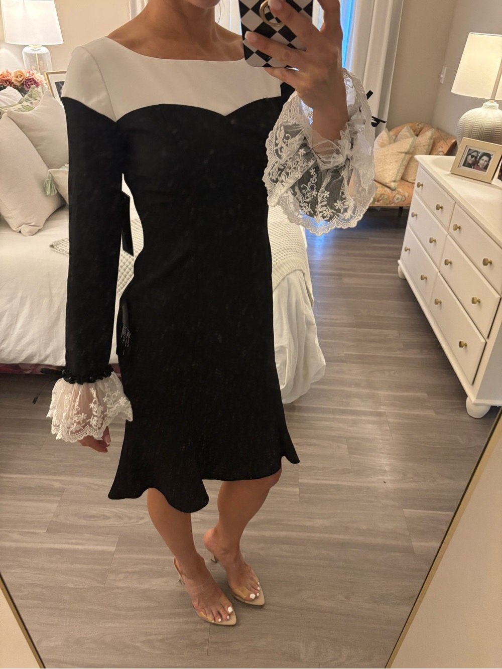 👗 SHANI COLLECTION Colorblock Crepe Dress with Lace Cuffs — Black/Ivory